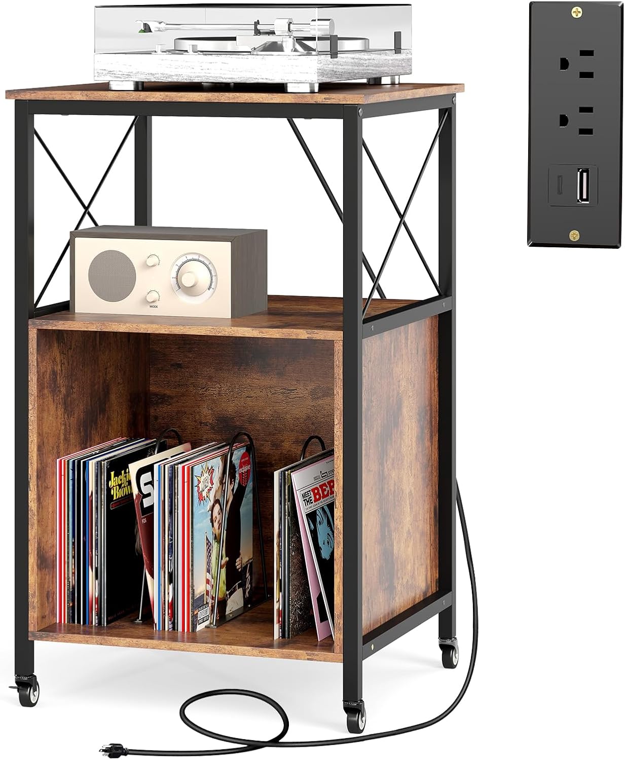 LOKO 3-Tier Rolling Record Player Stand, Mobile Turntable Stand with Power Outlet, Open Shelf & Dividers, Metal Frame, Industrial Vinyl Record Storage Table on Wheels for Living Room, Bedroom