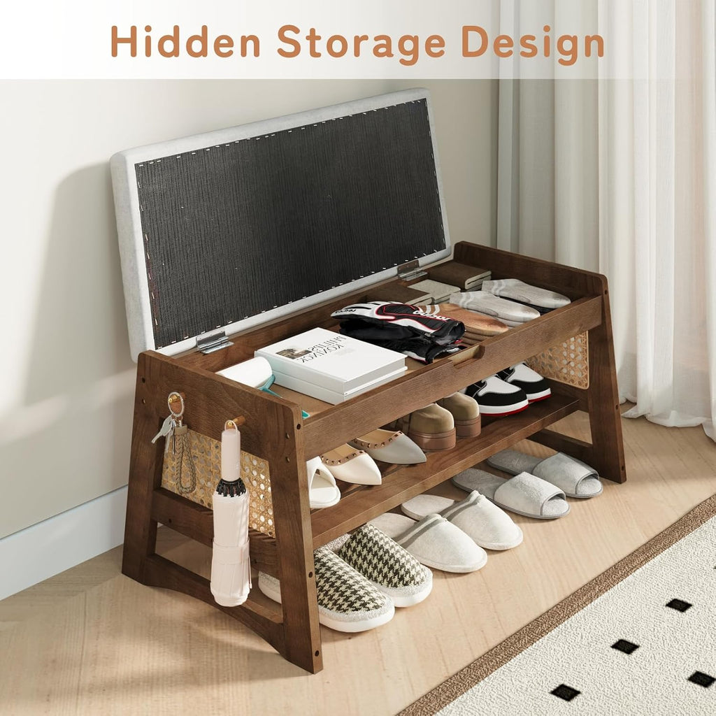Shoe Rack Bench with Flip-Top Storage, 35.4" W x 15.7" H Solid Wood Entryway Bench Shoe Organizer with Cushion Side Hooks for Front Door Entrance Hallway Foyer Closet Living Room Bedroom