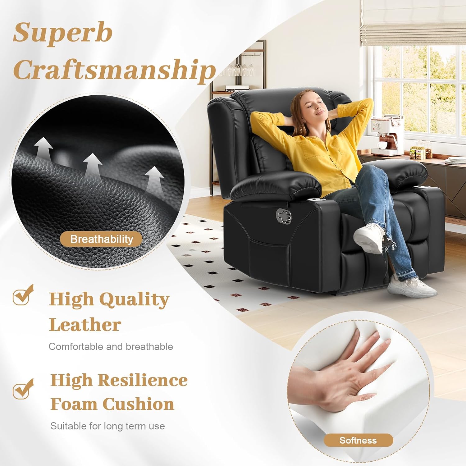 Recliner Chair for Adults, Oversized PU Leather Loveseat Recliner Manual Pull Tab Reclining Chair with Cup Holders, Minimalist Style Single Sofa for Living Room, RV (Black)
