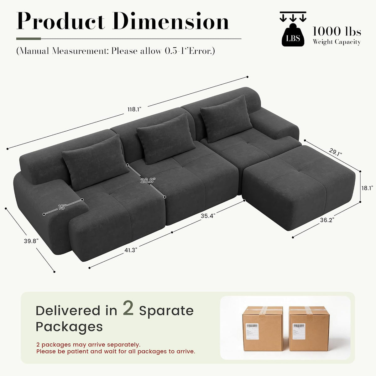 GRUSIGN 118'' Modular Sofa,Sectional Couch for Living Room | Tufted Oversized L Shape Deep Seat Couch with Ottoman & 3 Throw Pillows,Corduroy Cloud Couch,Dark Grey