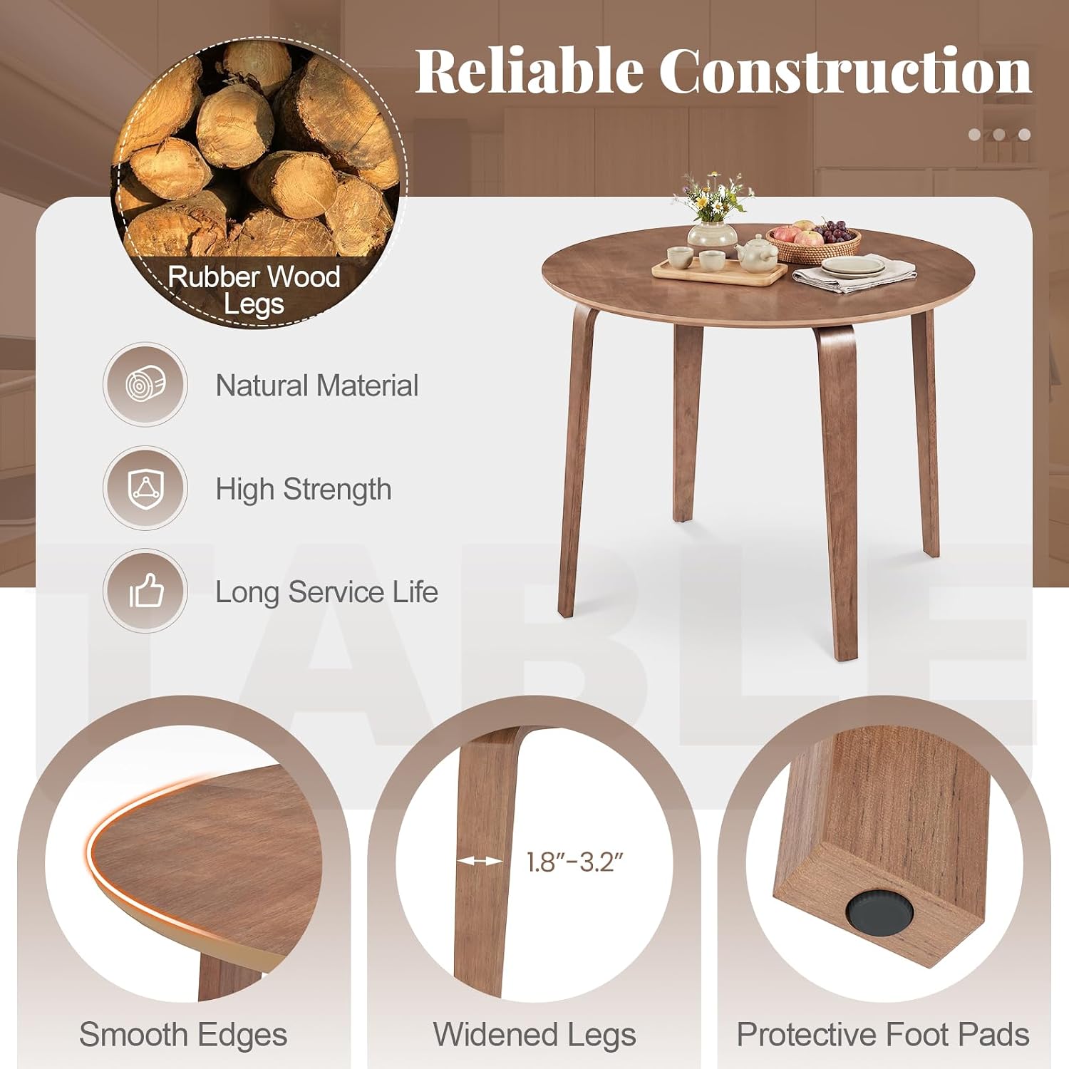 Giantex 37.5" Round Dining Table for 4, Wooden Kitchen Table with Solid Rubber Wood Legs, Circle Dinner Table for Dinette, Living Room, Dorm, Home Office (Walnut)