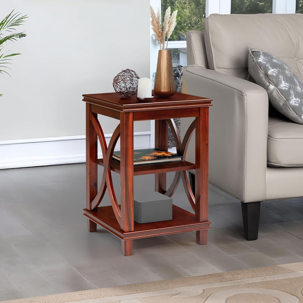 eHemco Solid Wood Square End Table with Storage Shelves, 3-Tier Accent Side Table with X-Design Panels, Compact Nightstand or Sofa Table for Living Room and Bedroom, Cherry Finish, 16 x 16 x 24 Inch