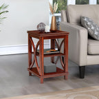 eHemco Solid Wood Square End Table with Storage Shelves, 3-Tier Accent Side Table with X-Design Panels, Compact Nightstand or Sofa Table for Living Room and Bedroom, Cherry Finish, 16 x 16 x 24 Inch
