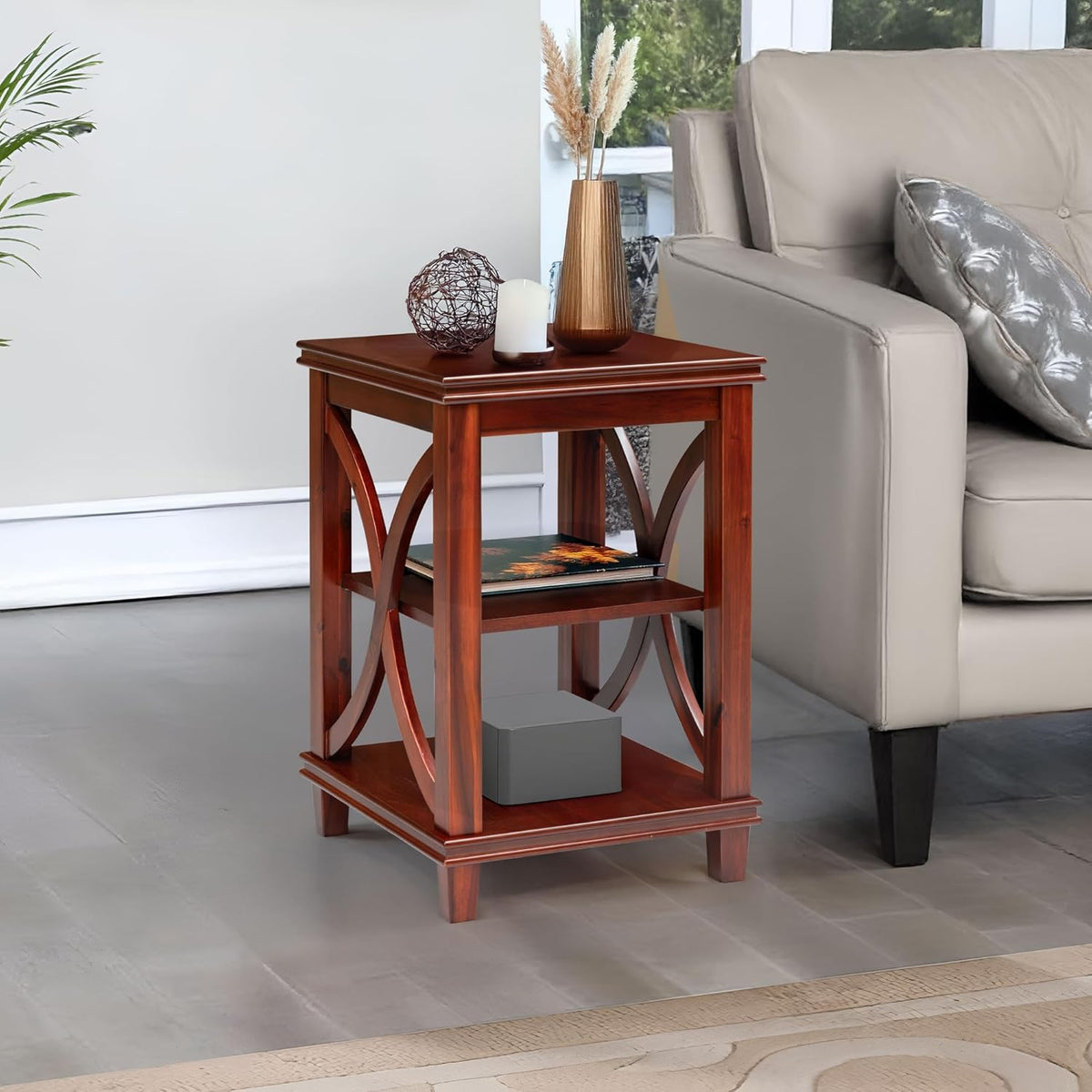 eHemco Solid Wood Square End Table with Storage Shelves, 3-Tier Accent Side Table with X-Design Panels, Compact Nightstand or Sofa Table for Living Room and Bedroom, Cherry Finish, 16 x 16 x 24 Inch