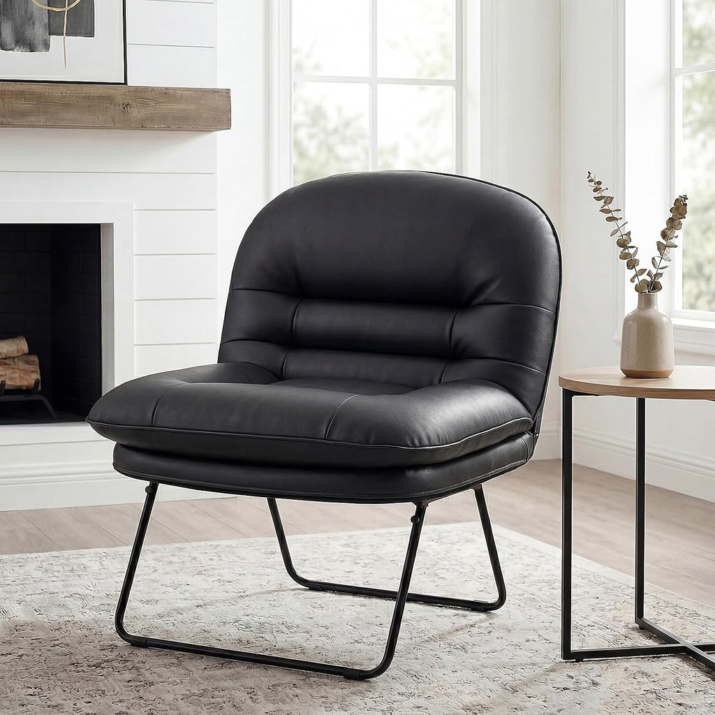 Saucer Chair, Small Foldable Floor Chair, PU Leather | Folding Adjustable Backrest, Bedroom, Living Room, Dorm, Small Spaces Apartment, Adults, Black