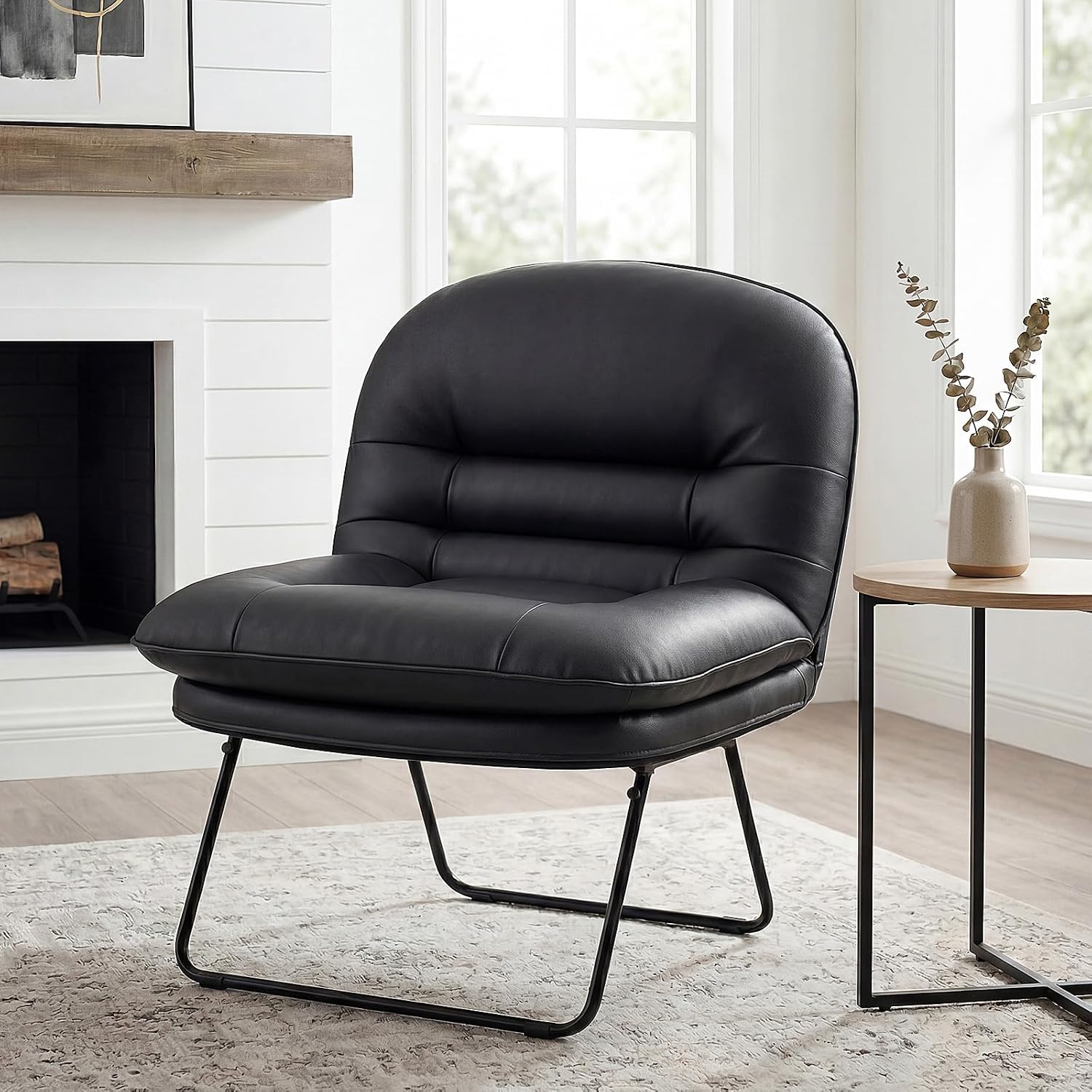Saucer Chair, Small Foldable Floor Chair, PU Leather | Folding Adjustable Backrest, Bedroom, Living Room, Dorm, Small Spaces Apartment, Adults, Black