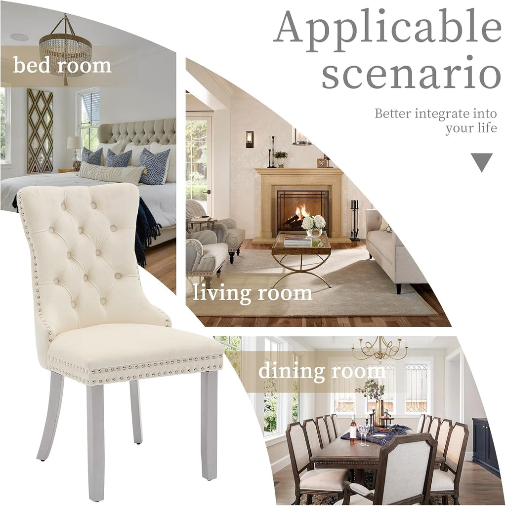 LKTART Dining Chairs Set of 6 Mid-Century Modern Chairs with Pull Ring, Velvet Upholstered Dining Chair with Wooden Legs Nailhead Trim for Kitchen Bedroom Dining Room (Beige)