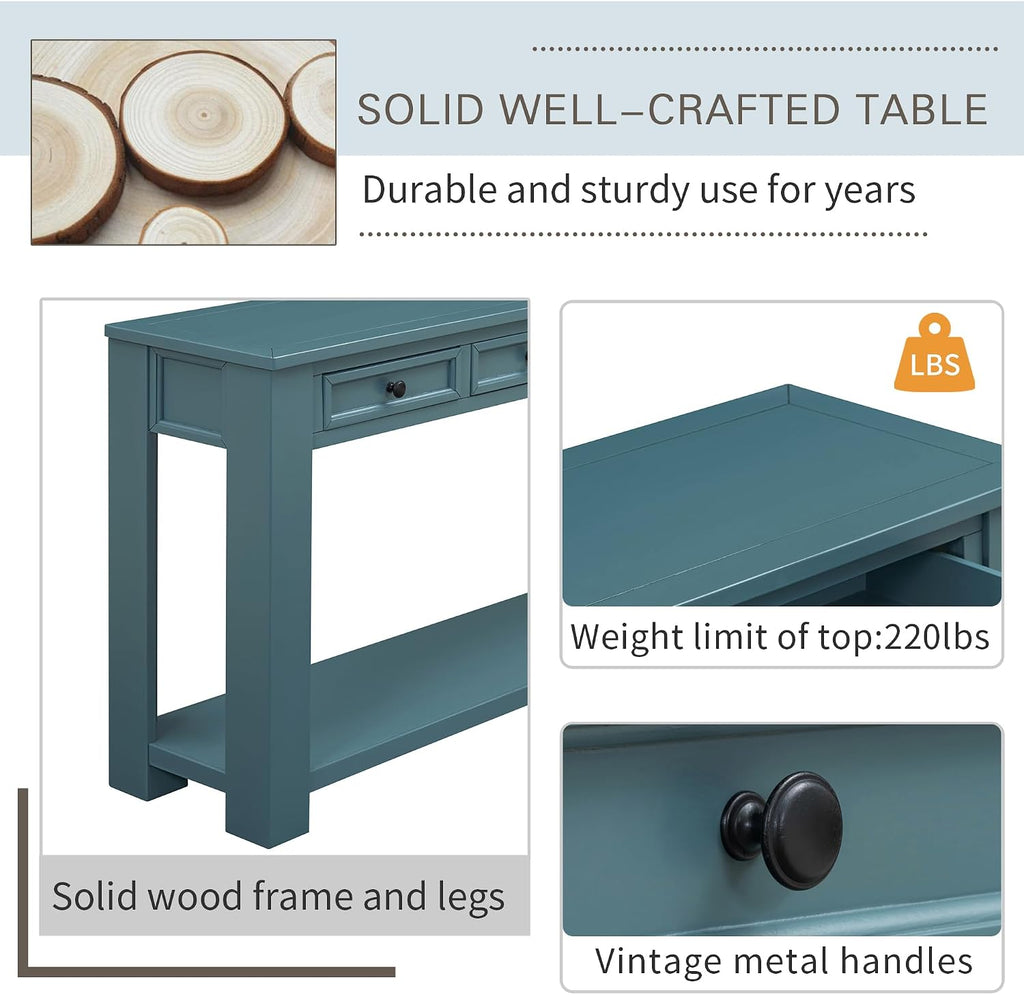 Merax Sofa Table with Storage Drawers and Bottom Shelf, Rustic Console Table with Thickened Legs, Long Entryway Table for Hallway & Living Room, Dark Blue