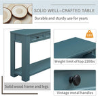 Merax Sofa Table with Storage Drawers and Bottom Shelf, Rustic Console Table with Thickened Legs, Long Entryway Table for Hallway & Living Room, Dark Blue