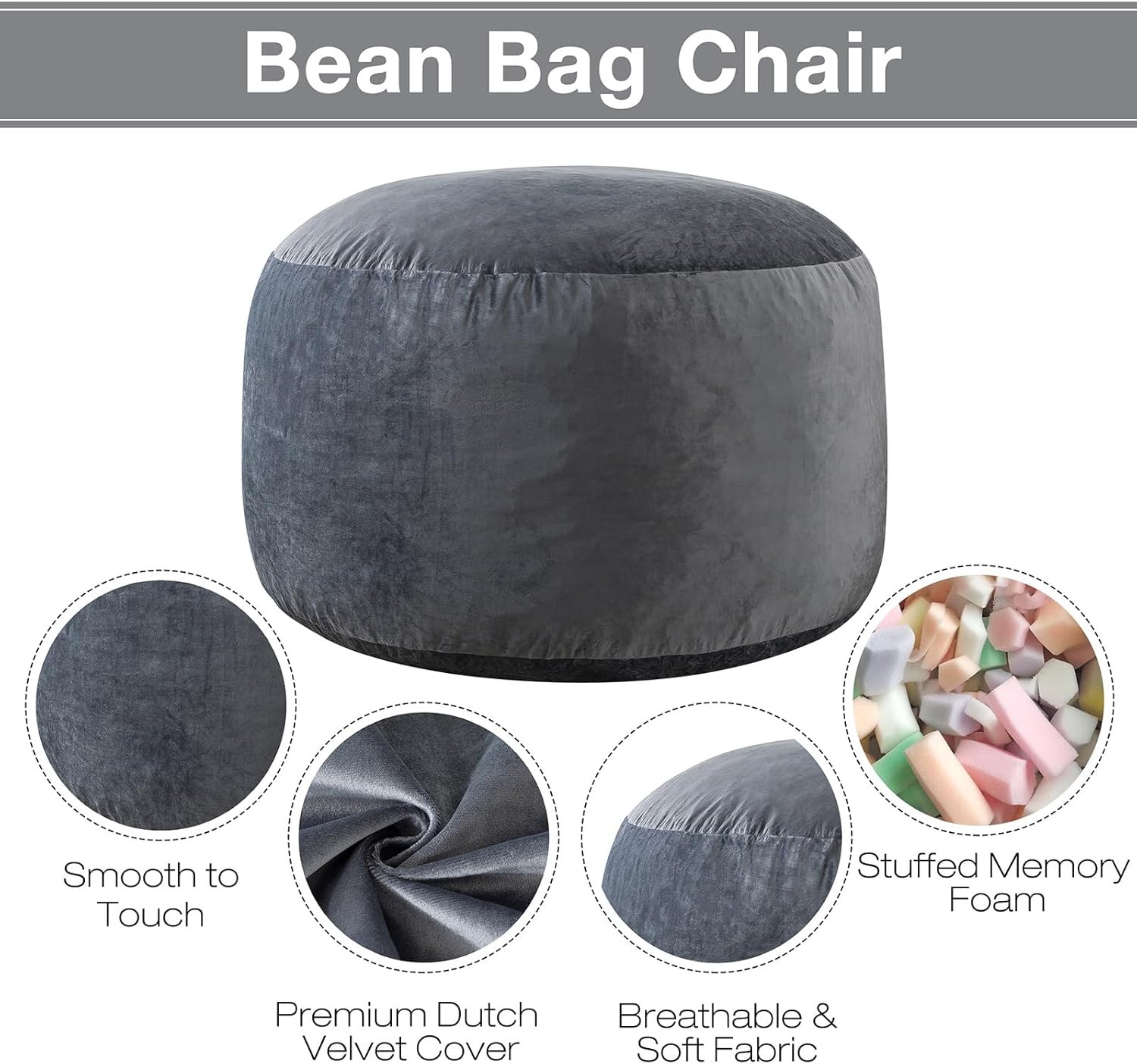 3 ft Bean Bag Chair, Bean Bag Chairs for Adults,3 Foot,Dark Grey | Memory Foam Filling,Beanbag Sofa for Living Room,Ultra Soft Velvet Cover,Convenient Pocket & Pull-Handle