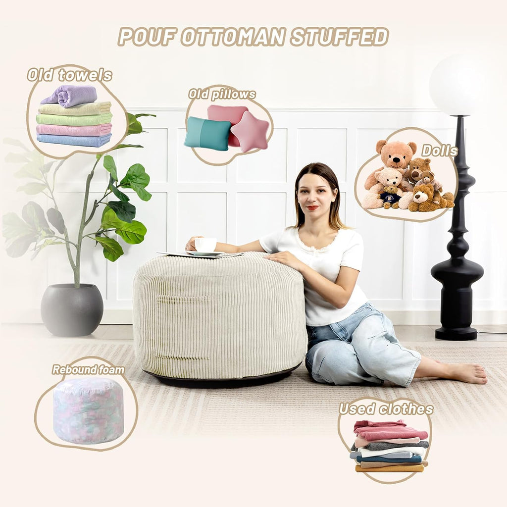 Round Stuffed Pouf Ottoman (Beige, 20" D x 20" W x 15" H)