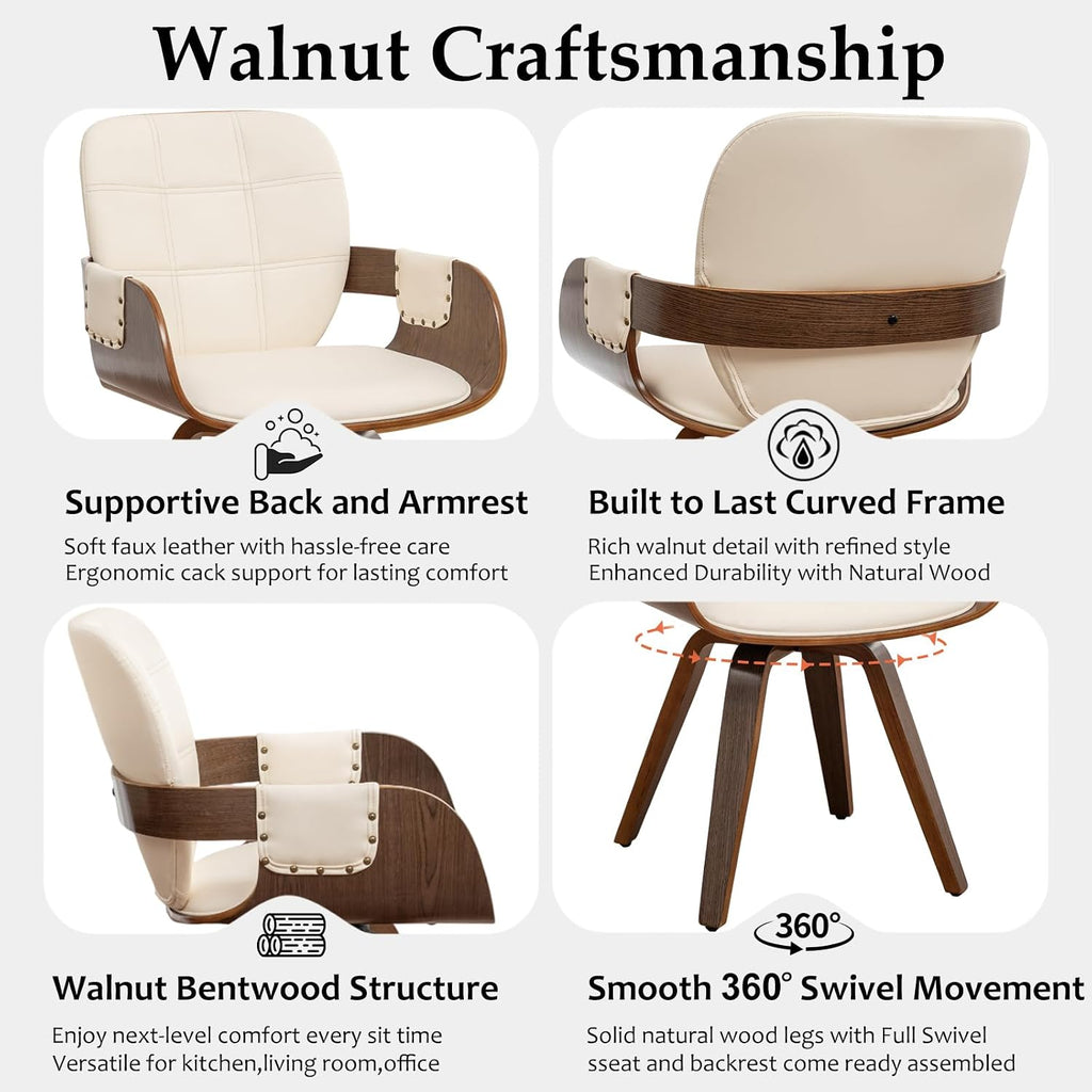 Dining Chairs Set of 6, 360° Swivel Faux Leather Dining Room & Kitchen Chairs with Arms, Ergonomic Curved Back, 19.7" Seat Height, Bentwood Solid Wood Frame, Walnut Finish, Mid-Century Modern, Beige
