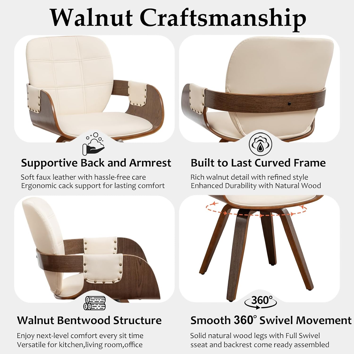 Dining Chairs Set of 6, 360° Swivel Faux Leather Dining Room & Kitchen Chairs with Arms, Ergonomic Curved Back, 19.7" Seat Height, Bentwood Solid Wood Frame, Walnut Finish, Mid-Century Modern, Beige