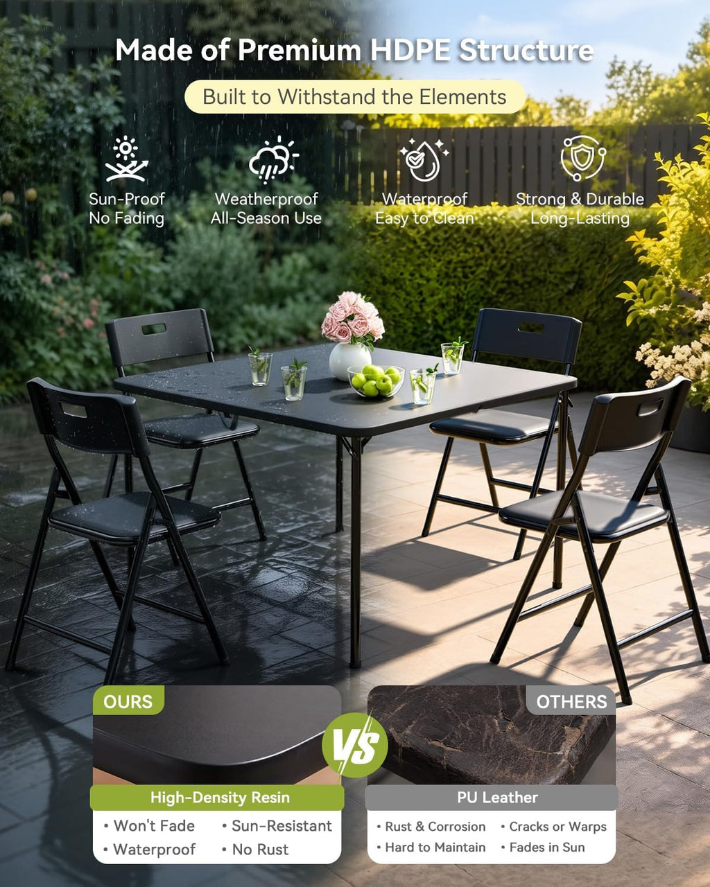Folding Card Table and Chairs Set, 5-Piece, 34" Card Table with 4 Durable 330lbs Chairs for Card Games, Dining, Indoor & Outdoor Use, Black