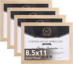 KINLINK 8.5x11 Picture Frame Natural, Solid Wood Diploma Frames with Acrylic Plexiglass for Pictures, Certificate Degree Document Frame Tabletop and Wall Mounting Display, Set of 4