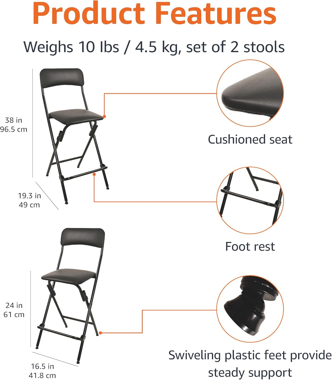 Amazon Basics Folding Bar Stool with Footrest, Portable, Sturdy, Space-Saving Storage, 300lb Capacity, 24" Height, Black, Set of 2