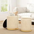 GIANTEX Ottoman with Storage, 1 Large & 1 Small Nesting Ottoman Side Table | Set of 2 Storage Ottomans, Upholstered Velvet/Linen Round Foot Rest Vanity Stool for Bedroom Living Room, Beige & Golden
