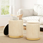 GIANTEX Ottoman with Storage, 1 Large & 1 Small Nesting Ottoman Side Table | Set of 2 Storage Ottomans, Upholstered Velvet/Linen Round Foot Rest Vanity Stool for Bedroom Living Room, Beige & Golden