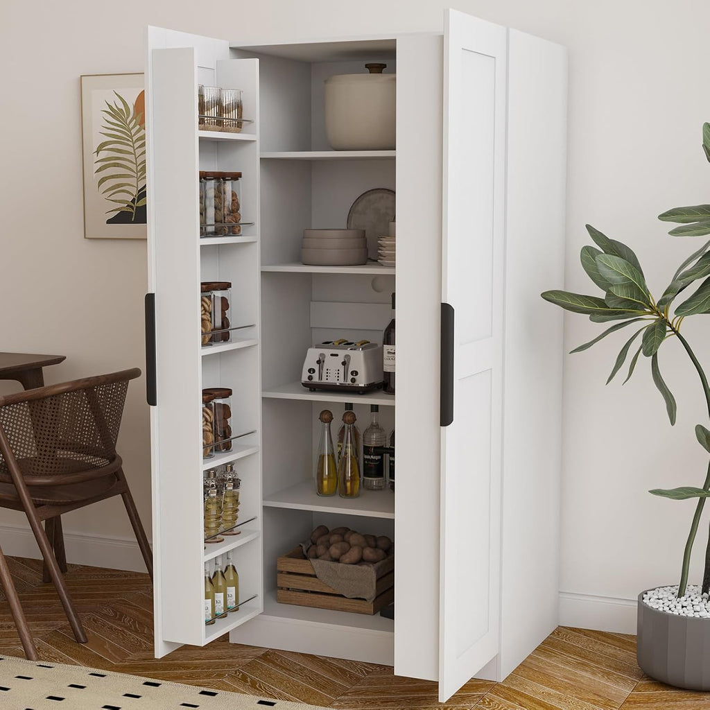 63” Tall Kitchen Pantry Cabinet, Pantry Storage Cabinet with Doors & Shelves, Freestanding Storage Cupboard for Dining Room Living Room, Wooden Structure, Easy Assembly (White)