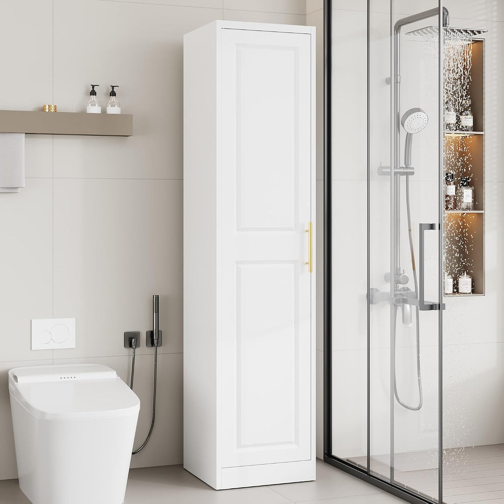 71''Tall Narrow Storage Cabinet Metal Bathroom Cabinet with Doors and 4 Adjustable Shelves, Slim Pantry Cabinets Cupboard for Small Space, Apartment, Bathroom, Kitchen, Laundry (White)