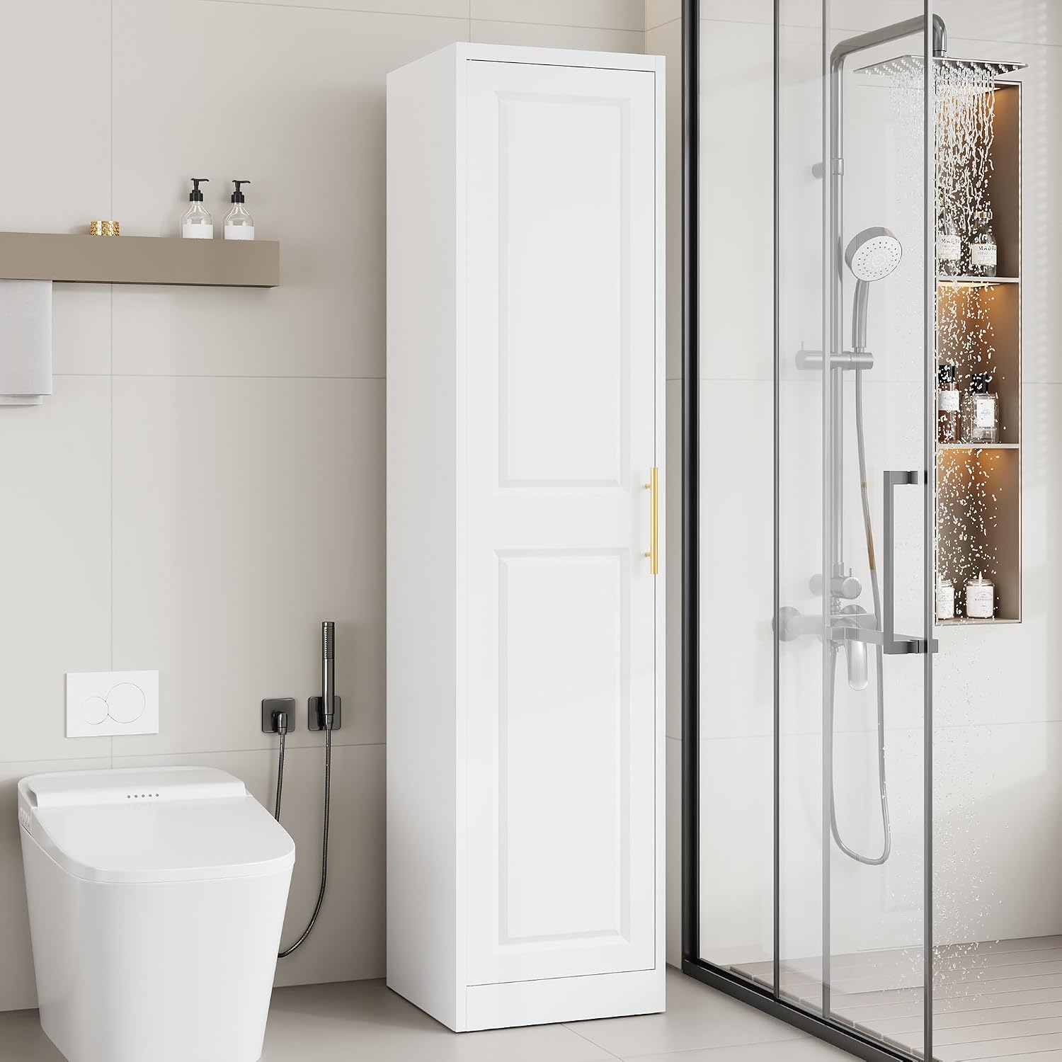 71''Tall Narrow Storage Cabinet Metal Bathroom Cabinet with Doors and 4 Adjustable Shelves, Slim Pantry Cabinets Cupboard for Small Space, Apartment, Bathroom, Kitchen, Laundry (White)