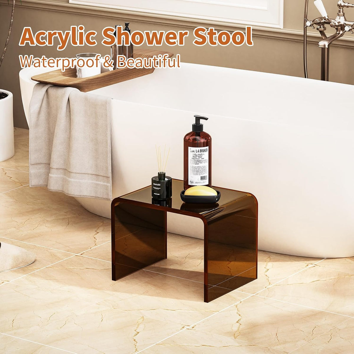 Acrylic Step Stool Small Clear Acrylic Foot Stool for Bathroom Bedroom Kitchen with Non-Slip,Holds Up to 250lbs (Dark Brown, 12.6'' x 9'' × 9.8'')