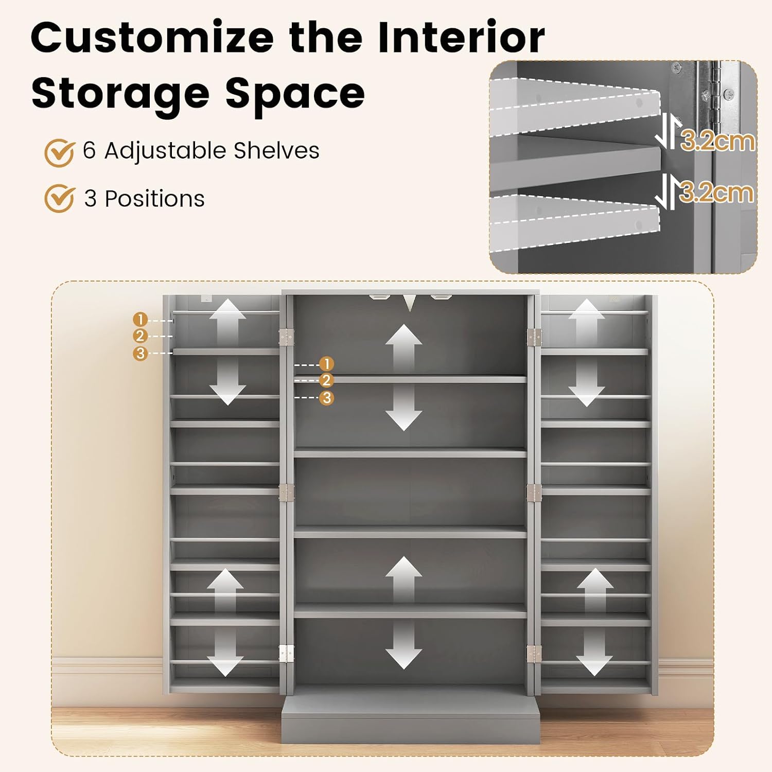 TANGZON 41"/47" Kitchen Cupboard, Kitchen Pantry Cabinet with Doors & Adjustable Shelves, Space Saving Larder Storage Cupboard Organiser for Dining Room Living Room Entryway (60 x 30 x 104cm, Grey)
