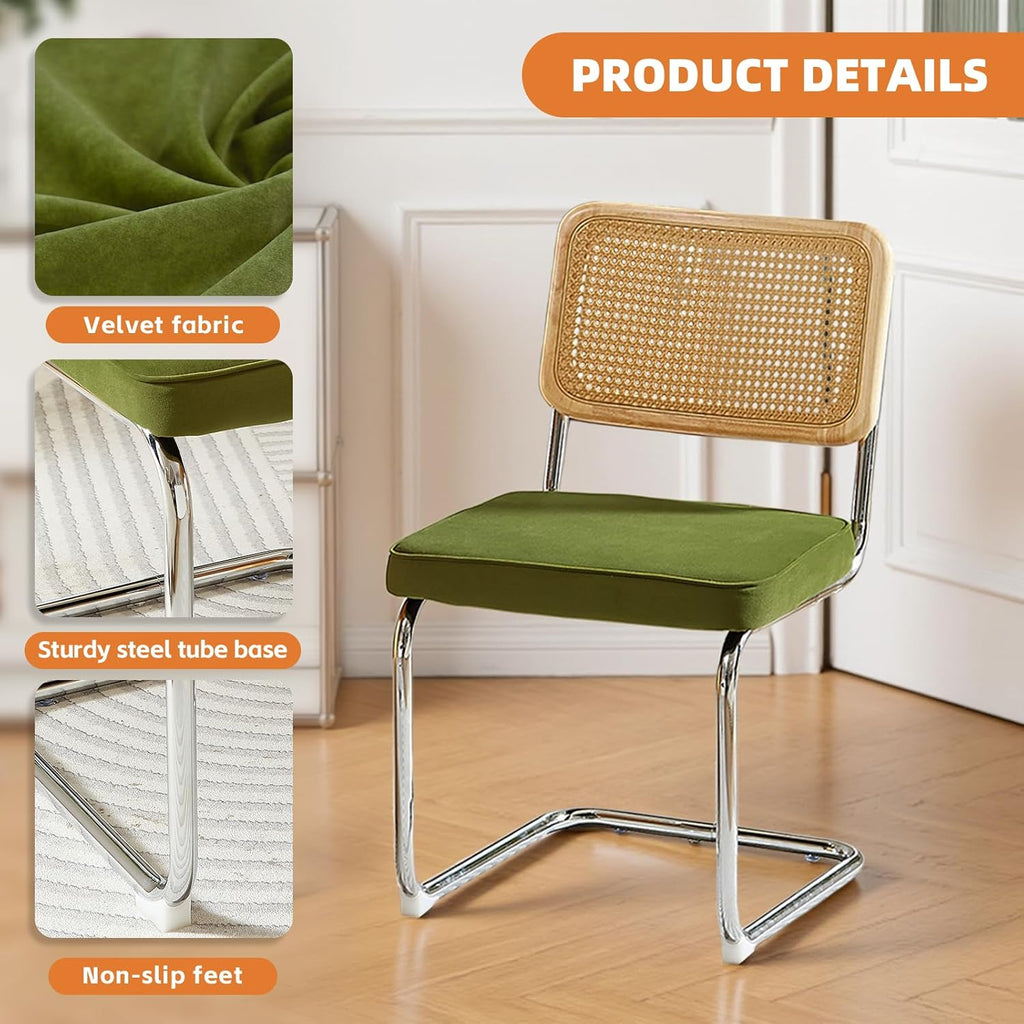 Rattan Back Velvet Dining Chair Set of 6 Modern Stainless Chrome Base Armless Upholstered Side Chair for Dining Room, Kitchen Island, Olive Green