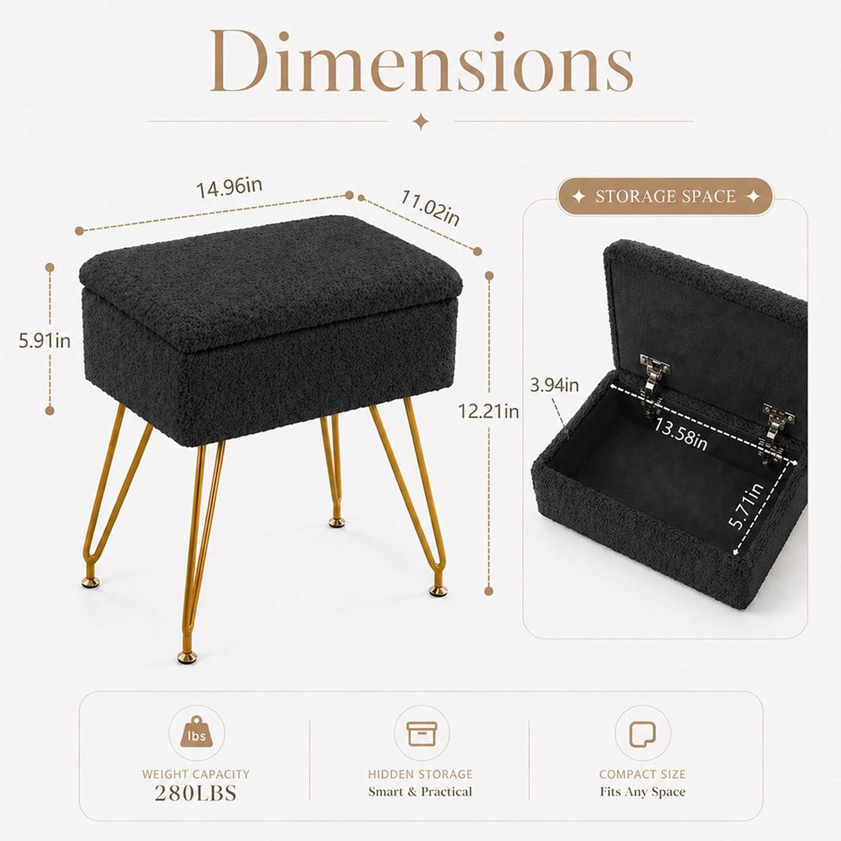 Alessing Vanity Stool Chair Ottoman with Storage, Sherpa Vanity Chair for Makeup Room, Rectangle Vanity Stools with Metal Legs, Soft Makeup Stool Footrest Footstools for Bedroom Living Room, Black | Square Padded Seat Foot Stool With Metal Legs For