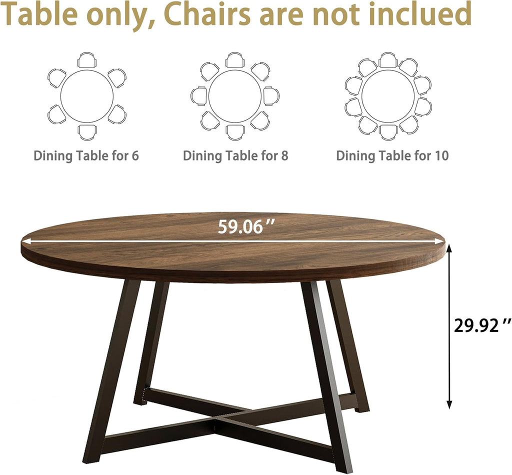 59" Round Dining Table for 6-8, Modern Kitchen Table with Steel Base, Dining Room Tables for Kitchen, Dark Brown