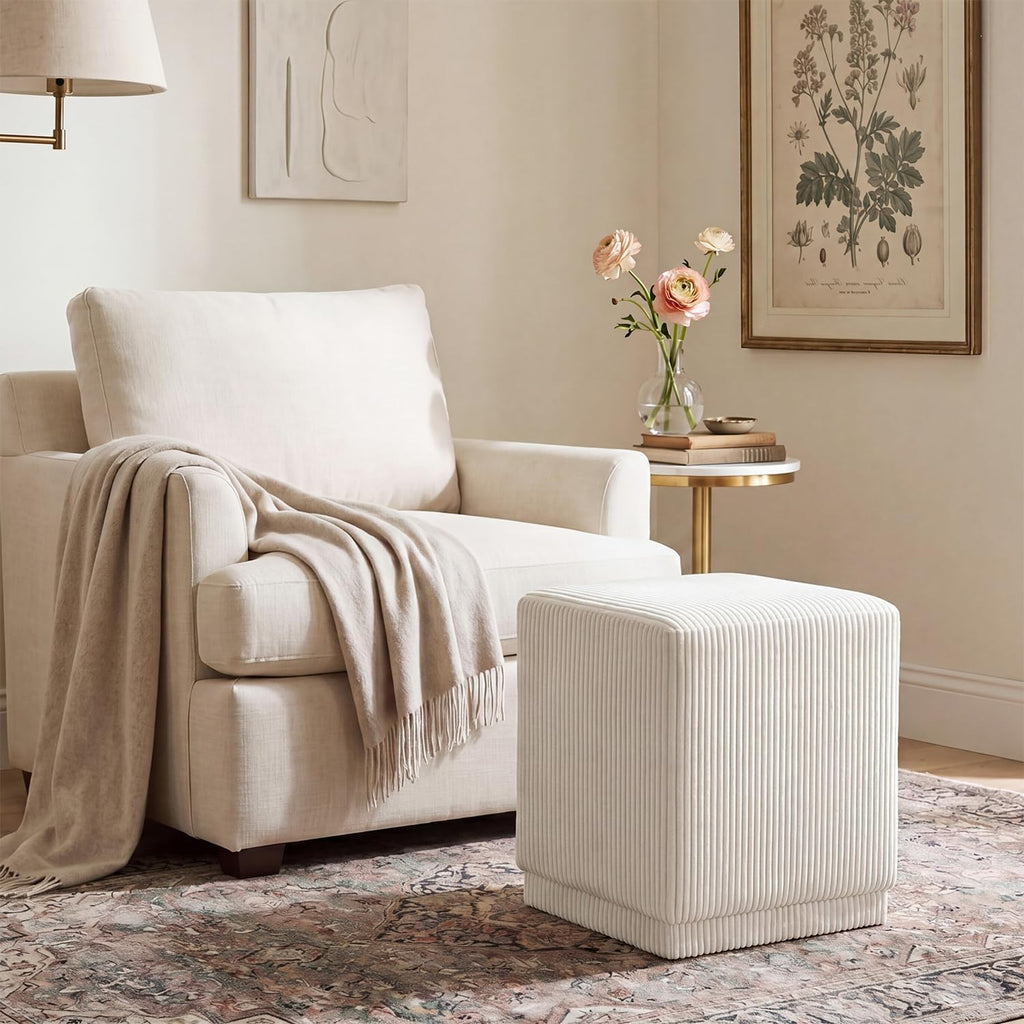 Homebeez Modern Square Ottoman, Vertical Channel Tufted Foot Stool Ottoman, Corduroy Velvet Upholstered Vanity Stool for Makeup, Bedroom, Living Room, Cream White