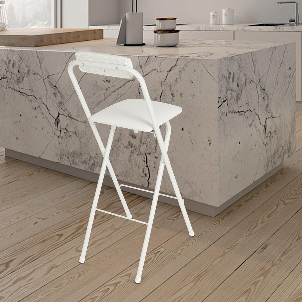 Folding Bar Stool with Back, 27 Inch Padded Counter Height Foldable Stool Portable Tall Folding Bar Chair 275lbs for Gardening Outdoor Kitchen Camping Fishing Shop Cafe (White)
