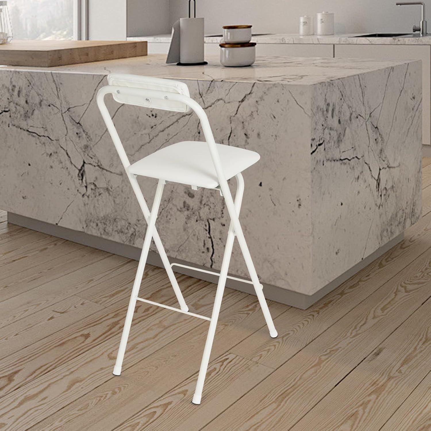 Folding Bar Stool with Back, 27 Inch Padded Counter Height Foldable Stool Portable Tall Folding Bar Chair 275lbs for Gardening Outdoor Kitchen Camping Fishing Shop Cafe (White)