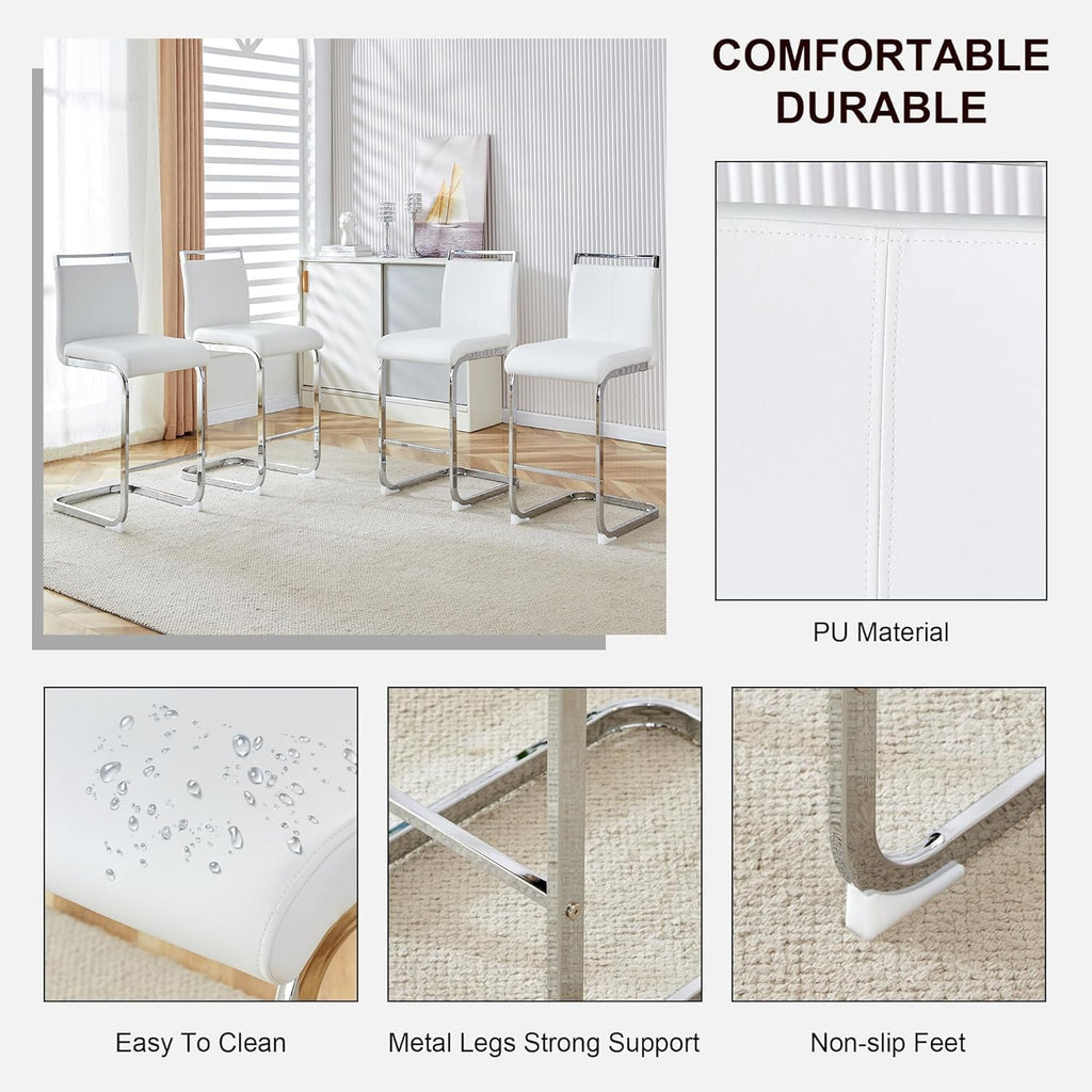 3 Pecies Round Glass Dining Table Set for 2, Small Circle Kitchen Table with Metal Base and White Upholstered Seat High Back PU Leather Chairs, Modern Dining Table and Chairs for livingroom