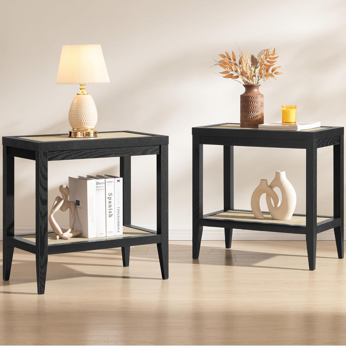 SICOTAS Rattan Nightstands Set of 2 - Boho Shelf Bedside Tables Narrow End Table Living Room Set of 2 Side Table with Storage Shelves for Small Space - Black Oak