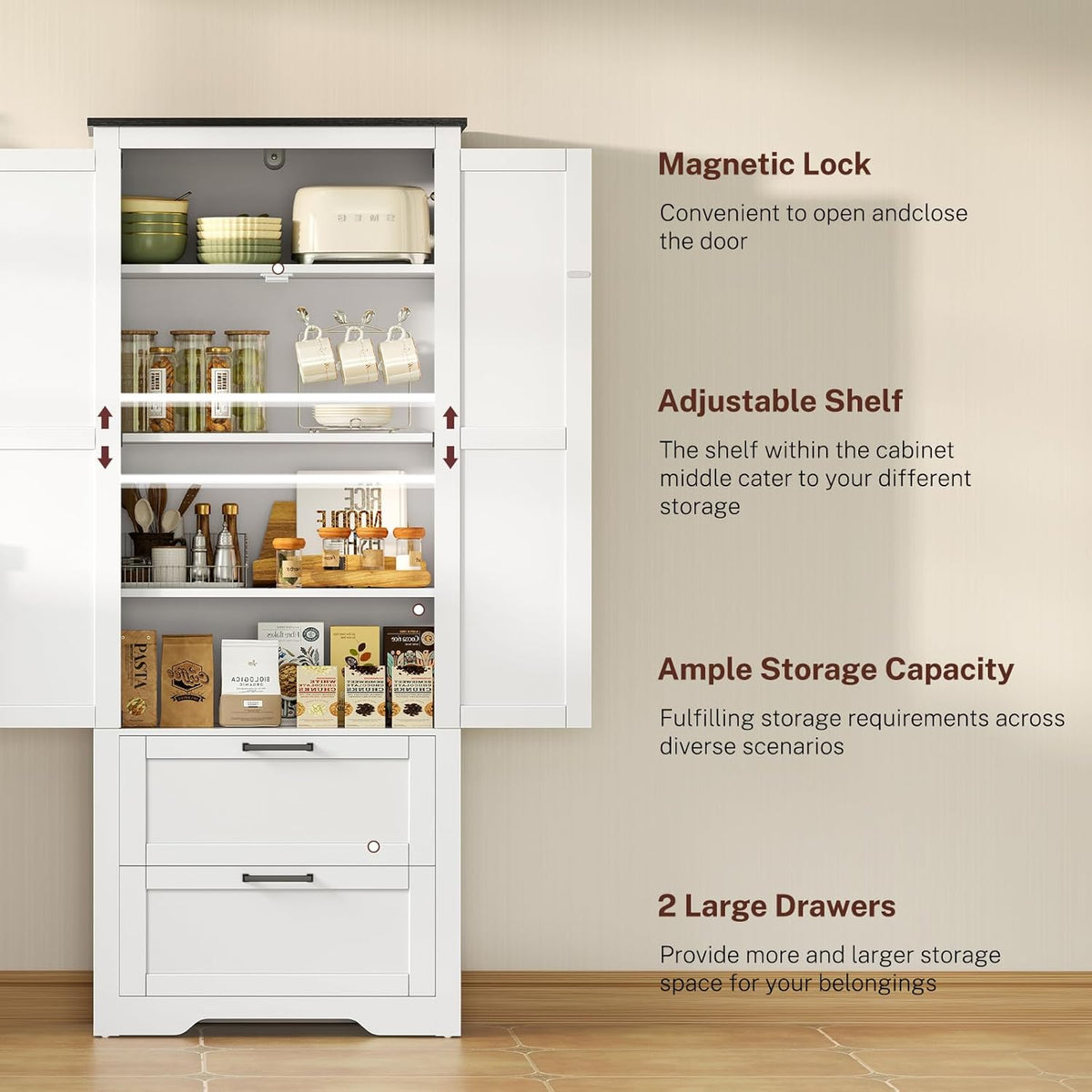 TEENFON 66.1" H Storage Cabinet with 2 Drawers, Farmhouse Kitchen Pantry Cabinet with 2 Doors & Adjustable Shelf, Bathroom Cabinet, for Living Room, Kitchen, Bathroom, White