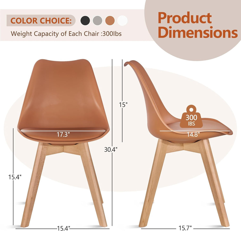 VECELO Dining Chairs Set of 4, Mid-Century Modern Kitchen & Dining Room Chairs, PU Leather Upholstered Seat, Solid Wood Legs, Armless, Non-Slip Feet, Orange