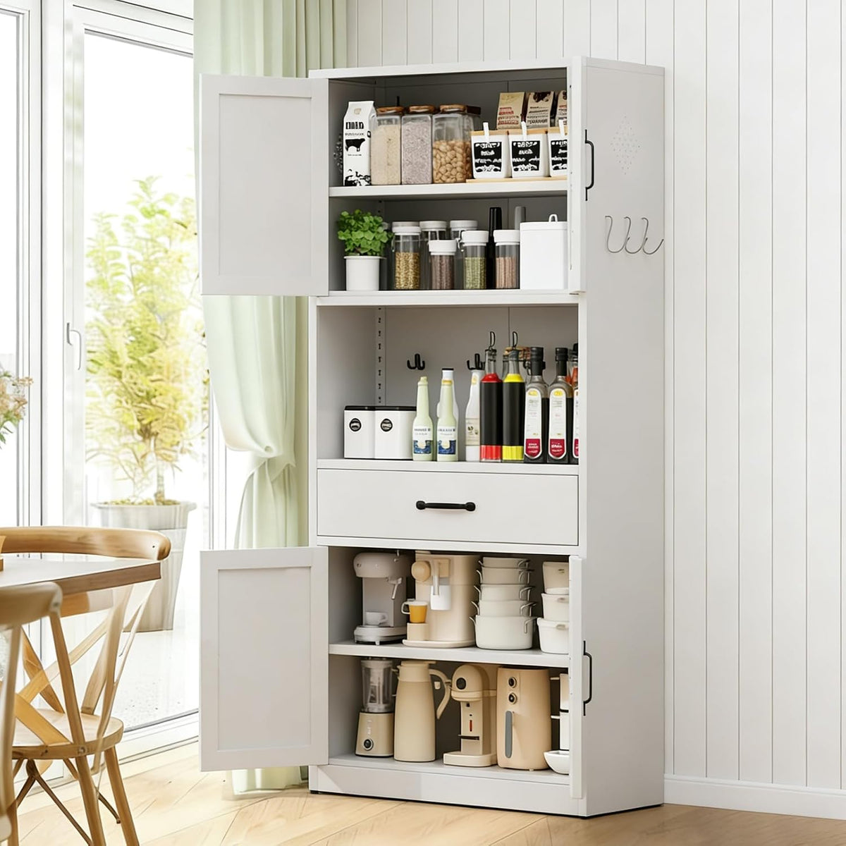 White Pantry Cabinet, Freestanding Kitchen Storage Cabinet with 2 Drawers & 2 Adjustable Shelves, Steel Cabinet with Magnetic Doors, for Small Kitchen Pantry Room, 27.6x13.8x72 Inches