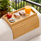 Bamboo Couch Arm Tray Table, Foldable Sofa Rest with Non-Slip Base Portable Armchair Cup Phone Holder for Drinks, Remote, Snacks Fits Most Recliners Couches, Easy-Clean Surface(Bamboo)