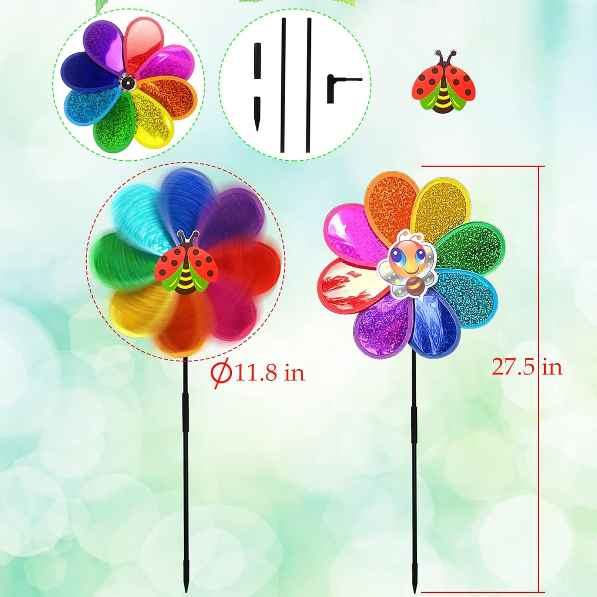 Outdoor Wind Spinners Yard Garden Decor Shiny Pinwheels, Lawn Rainbow Ornaments to Deter Animals Scare Birds Away (4PCS)