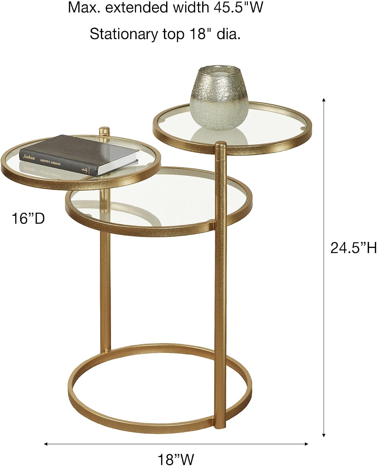 Quincy Adjustable Accent Table | Round, Rotating Clear Glass Tabletops | Three Tiered, Nesting Table Look | Gold Finished Metal Furniture | Perfect for Small Spaces and Unique Modern Decorating Tastes