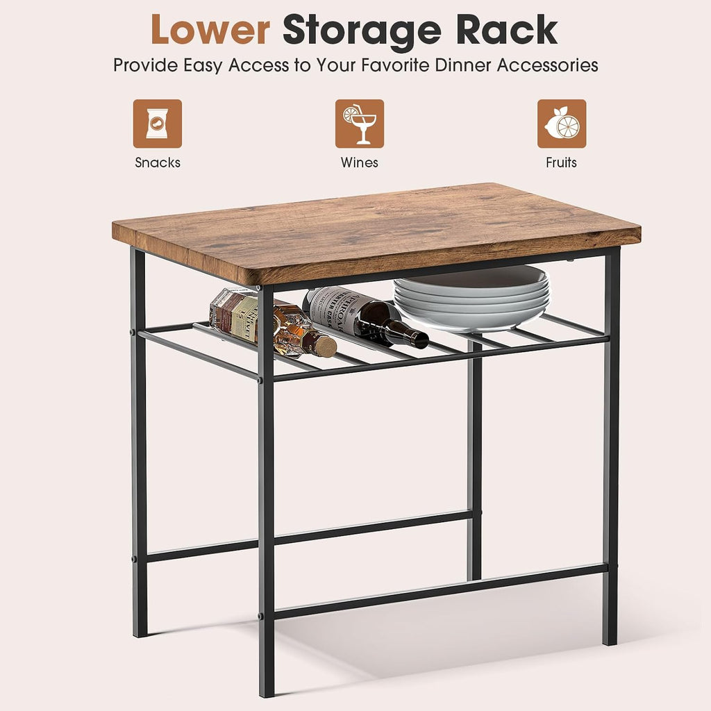 Fenbeli 3 Piece Dining Table Set - Small Kitchen Table & Chair Sets for 2, Breakfast Table Set w/Steel Frame, Built-in Storage Rack for Dining Room, Living Room, Apartment (Brown, Small)