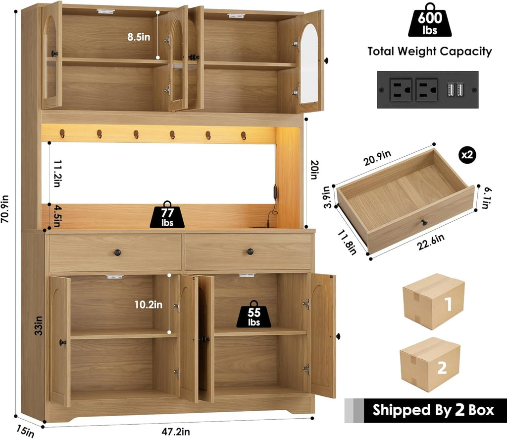 HIFIT 71" LED Kitchen Pantry Cabinet with Power Outlet, Large Kitchen Hutch Storage Cabinet with Arched Door & Shelves & 2 Drawers, Tall Modern Coffee Bar w/Hutch for Home Dining Living Room, Natural