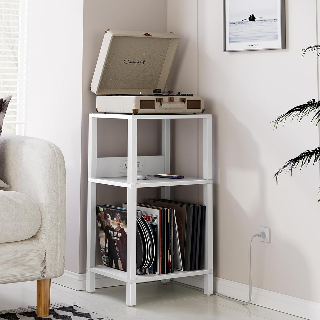 TUTOTAK Record Player Stand with Storage Up to 100 Albums | Record Storage Table, 3 Tier End Table with Charging Station, Side Table for Living Room, Bedroom, White TB01BW076