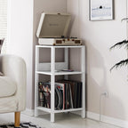 TUTOTAK Record Player Stand with Storage Up to 100 Albums | Record Storage Table, 3 Tier End Table with Charging Station, Side Table for Living Room, Bedroom, White TB01BW076