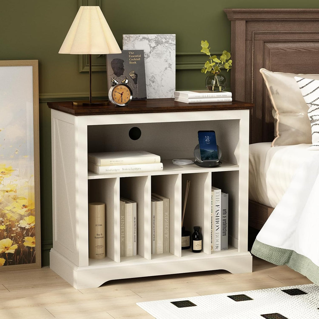 RowyPoey Large Farmhouse Record Player Stand, Turntable Stand,Antique White | with Vinyl Record Storage, Wood Record Holder Storage Cabinet, Stereo Media Dispaly Shelf for Living Room, Bedroom, Office