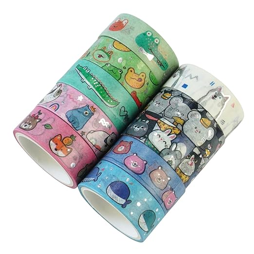 20 Rolls Cute Animals Washi Tape Set, Gold Silver Foil Cartoon Pets Decorative Tape for Bullet Journal, Planner, DIY Arts Crafts, Scrapbooking, Holiday Decoration