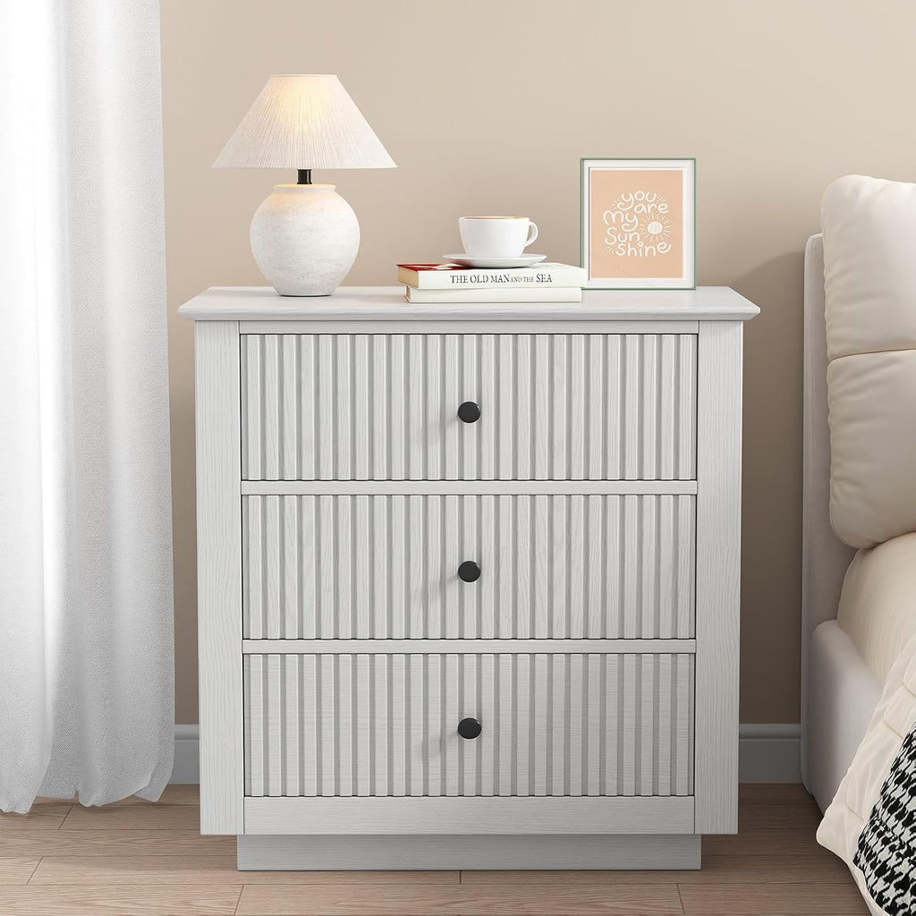 24" Wide Nightstand with Charging Station, Modern Fluted Bedroom Nightstand with Drawers, Wood Night Stand with Storage and Outlet, Large Bedside Table for Bedroom, White