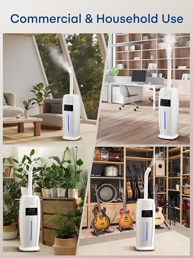 FOHERE 4.8Gal/18L Humidifier Large Room, Easy Top Fill Cool Mist Tower Humidifiers Quiet for Home, Indoor Plant, Commercial, Whole House Cover up to 1500ft², with Smart Humidity Sensor, Remote, White