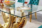 SSLine 7-Piece Gold Glass Dining Table Set for 6, Modern Luxury 70" Glass Dining Room Table with Three-Ring Shape Stainless Steel Base, Elegant Kitchen Table Set with 6 Beige Tufted Chairs